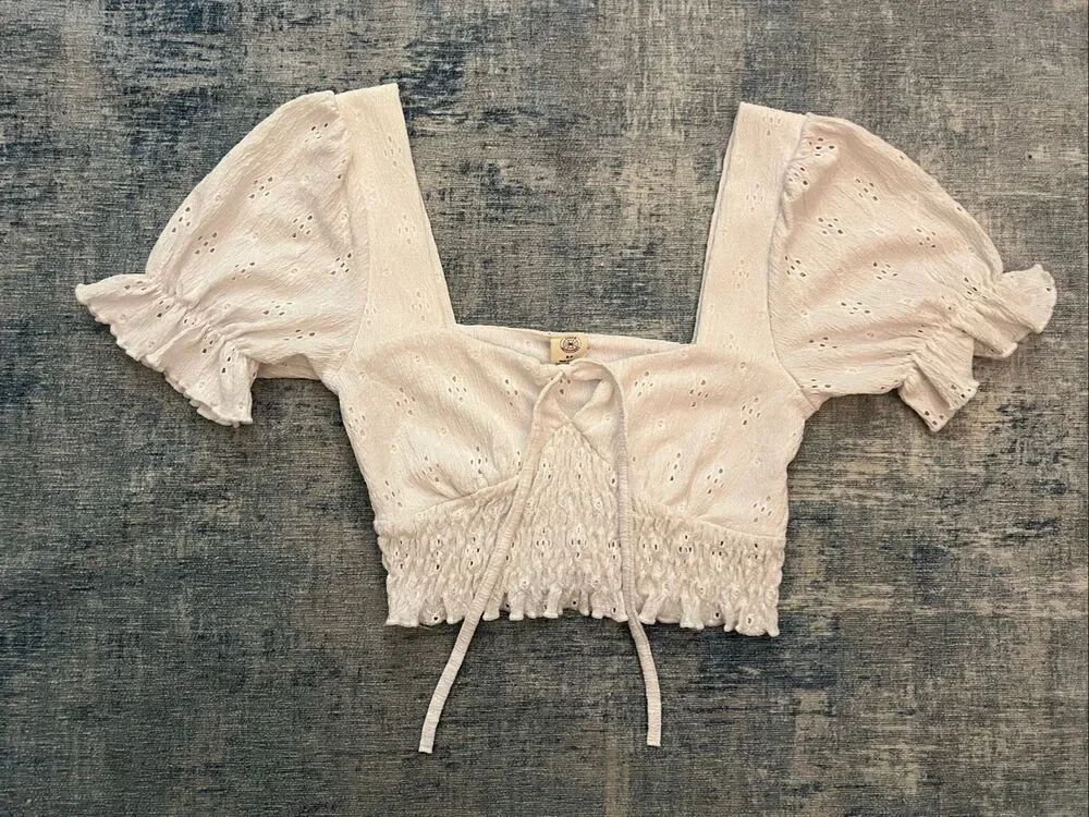Altar'd State White Tie Front Eyelet Puff Sleeve Crop Top Women's Small
